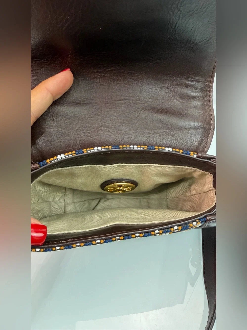 Tory Burch Mini Crossbody Bag Navy Brown Jacquard Lock Gold